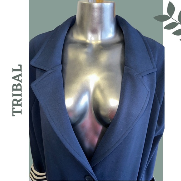 Tribal Navy  Knit Single Breasted Blazer Contrast Stripe Lining White Size XL - Picture 6 of 8